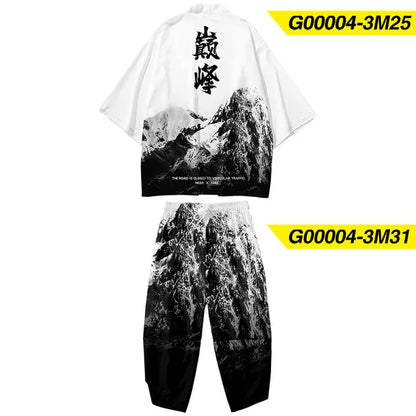 Large Size 5XL 6XL Japanese Kimono Cardigan Pants Set Print Fox Men Women Shirt Tradition Yukata Haori Obi Cosplay Costume