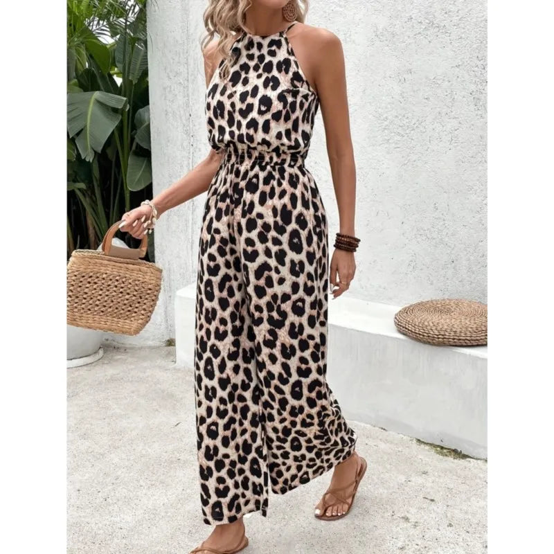 Women's Sexy Leopard Printed Long Jumpsuits Chic Sleeveless Halter Waisted Wide-leg Pants Jumpsuits Female 2025 Fashion Clothing