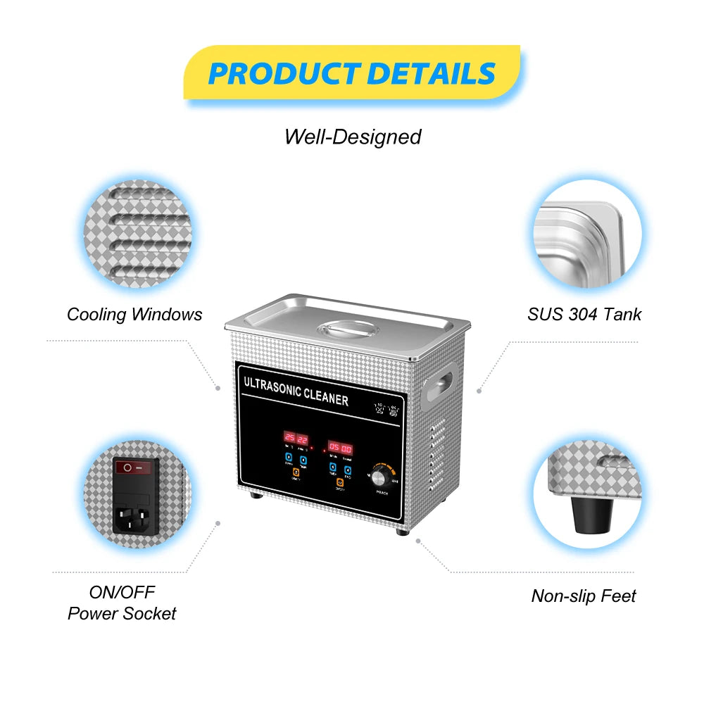 Ultrasonic Bath 3.2L 180W Cleaner Machine Power Adjust Hot Water Cleaning Bath Oil Nozzle Spark Plug Small Fuel