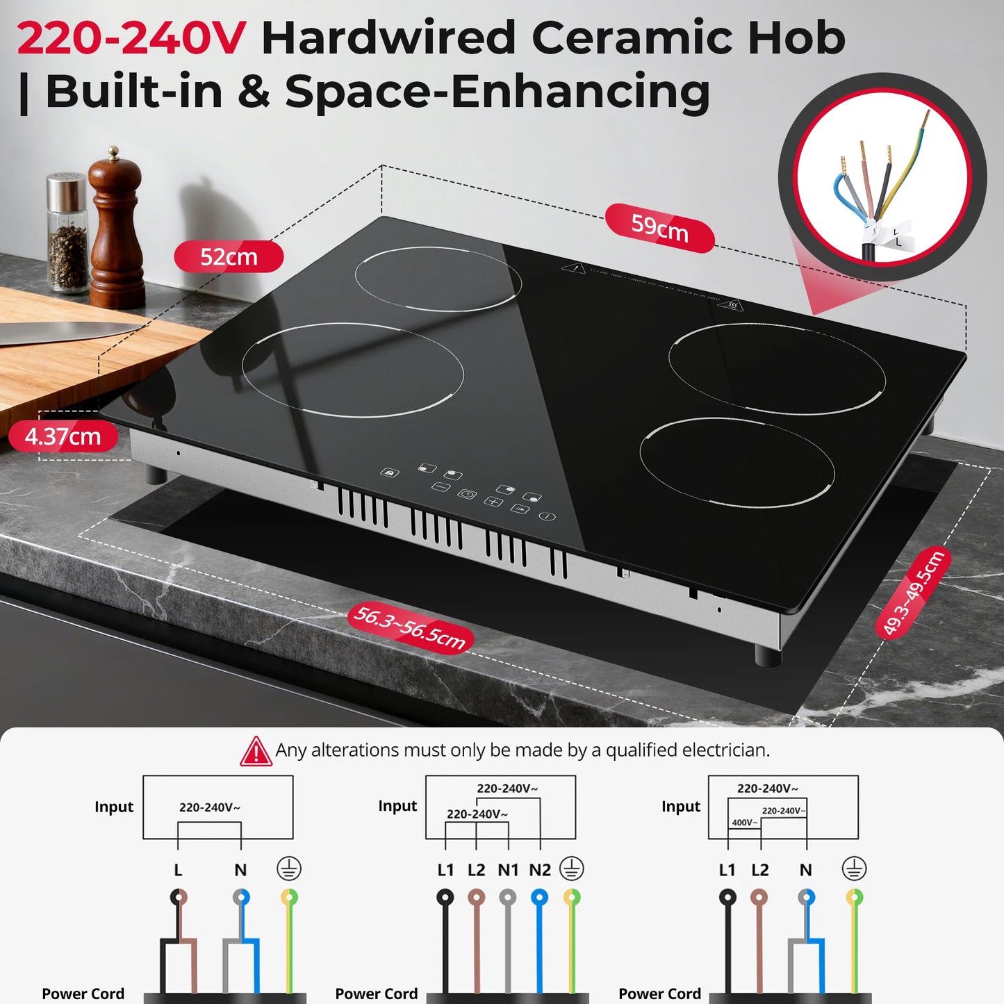 6000W Built-in Ceramic Hob, 4 Zone Induction Cooktop with Touch Control, 9 Power Levels, Timer & Child Lock, 60cm Black Glass
