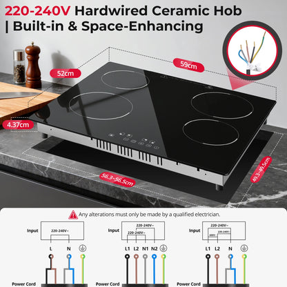 6000W Built-in Ceramic Hob, 4 Zone Induction Cooktop with Touch Control, 9 Power Levels, Timer & Child Lock, 60cm Black Glass