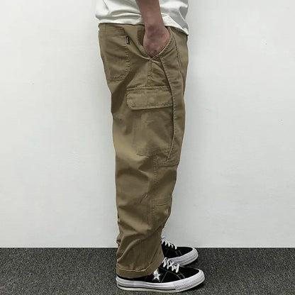 Autumn Men's Pants Multi-Pocket Cargo Pants Retro Solid Color Simple Loose Button Elastic Strap Casual Pants