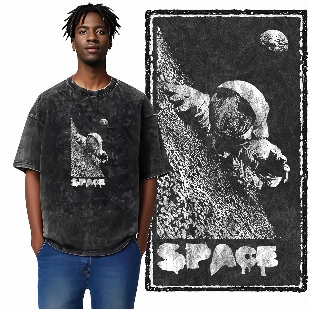 SA ASTRONAUT SPACE THEMES Printed Cotton Acid Washed Graphic Unisex T Shirt Cool Streetwear Men Tshirts Big Size Tee for men