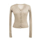 Women Shiny Gold Thread Spring Summer Ice Silk Knitted Cardigan Ribbed Pearl Button Sun Protection Top V-neck Ice Silk Knitwear