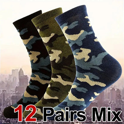 3/12 Pairs Men Camouflage Mid Tube Socks Fashionable Street Style Odor Proof Sweat Absorbing Breathable All Season Casual Socks