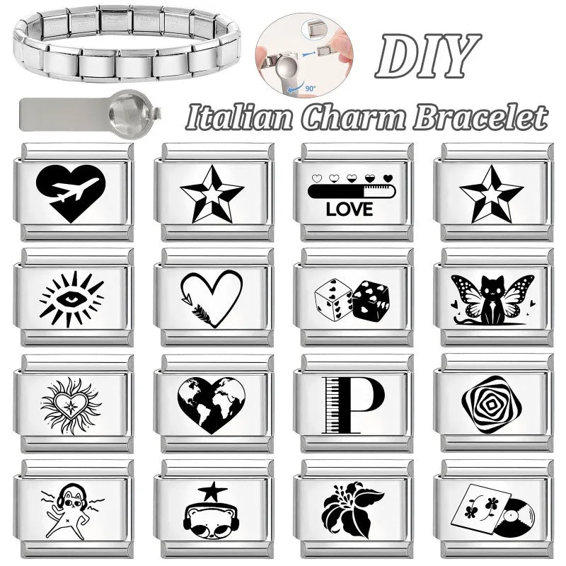 Laser Engraving Cute Cartoon Black Playing Cats Italian Charm Links Fit 9mm Stainless Steel Bracelet Men Women DIY Making Gifts