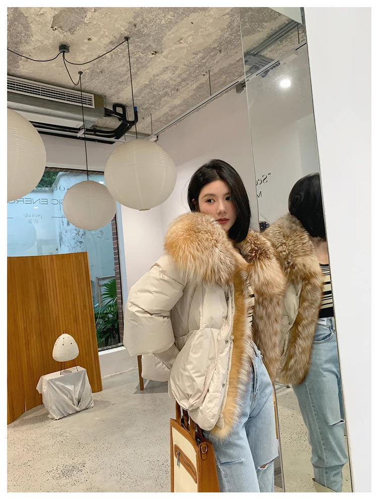 Oversized Winter Warm Real Fox Fur Collar Black Down Coat Women Puffer Outerwear Jackets 2024 Autumn Winter
