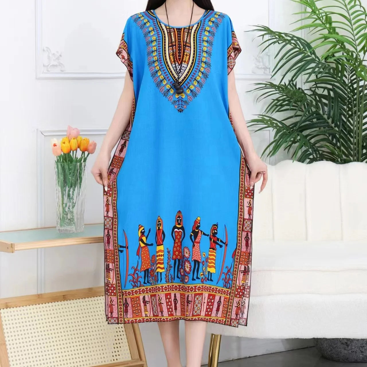 Casual Elegant Bohemian Printed Ethnic Style Retro Floral Woman Summer Street Wear Batwing Sleeve Loose Tunic Maternity Dress