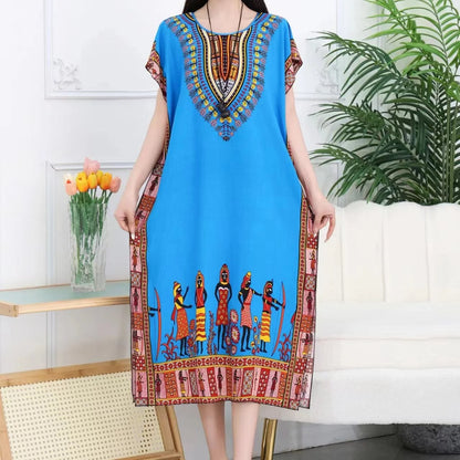 Casual Elegant Bohemian Printed Ethnic Style Retro Floral Woman Summer Street Wear Batwing Sleeve Loose Tunic Maternity Dress