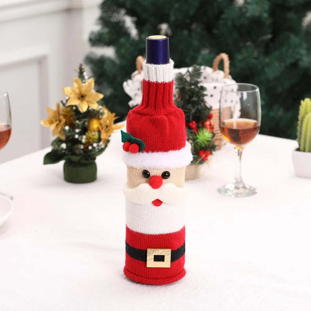 2024 Christmas Knitted Wool Red Wine Bottle Cover Ornament Table Dress Up Home Christmas Decor Hotel Restaurant Festivals Decor