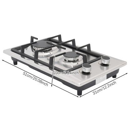 2-Burner Stainless Steel Gas Hob 3KW+1.75KW Portable Gas Stove Countertop/Flush Mounted 51*31*10cm
