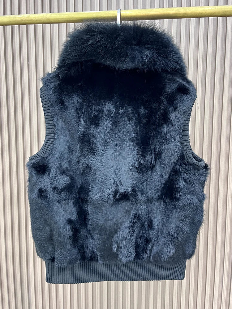 Women's Genuine Real Rabbit Fur Vest Coat Knitting Winter Fox Fur Collar Fur Jacket Casual Short Outwear Slim with Zipper