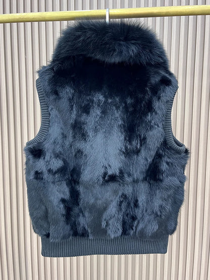 Women's Genuine Real Rabbit Fur Vest Coat Knitting Winter Fox Fur Collar Fur Jacket Casual Short Outwear Slim with Zipper