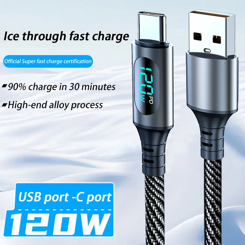 120W Cable Dual Digital Display Cable PD Fast Charging Highspeed Data Transfer USB Type C To Type-C Cable For Phone Macbook iPad