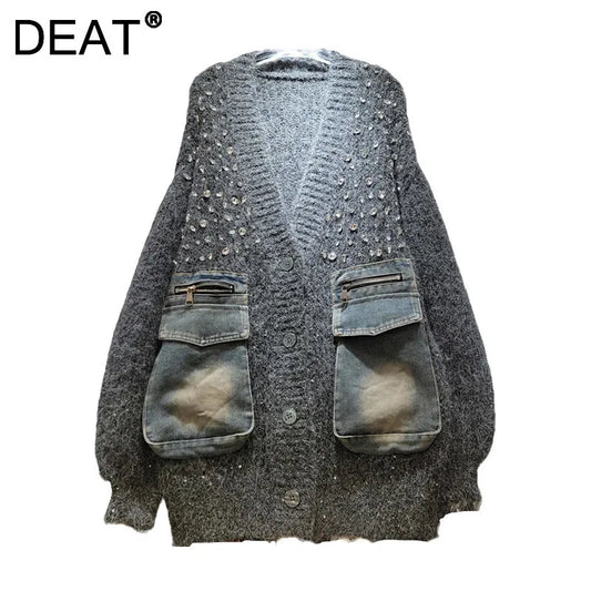 DEAT Women's Cardigan V-neck Patchwork Denim Pockets Diamonds Loose Long Sleeve Knitted Sweaters 2026 New Autumn Fashion 29A3243