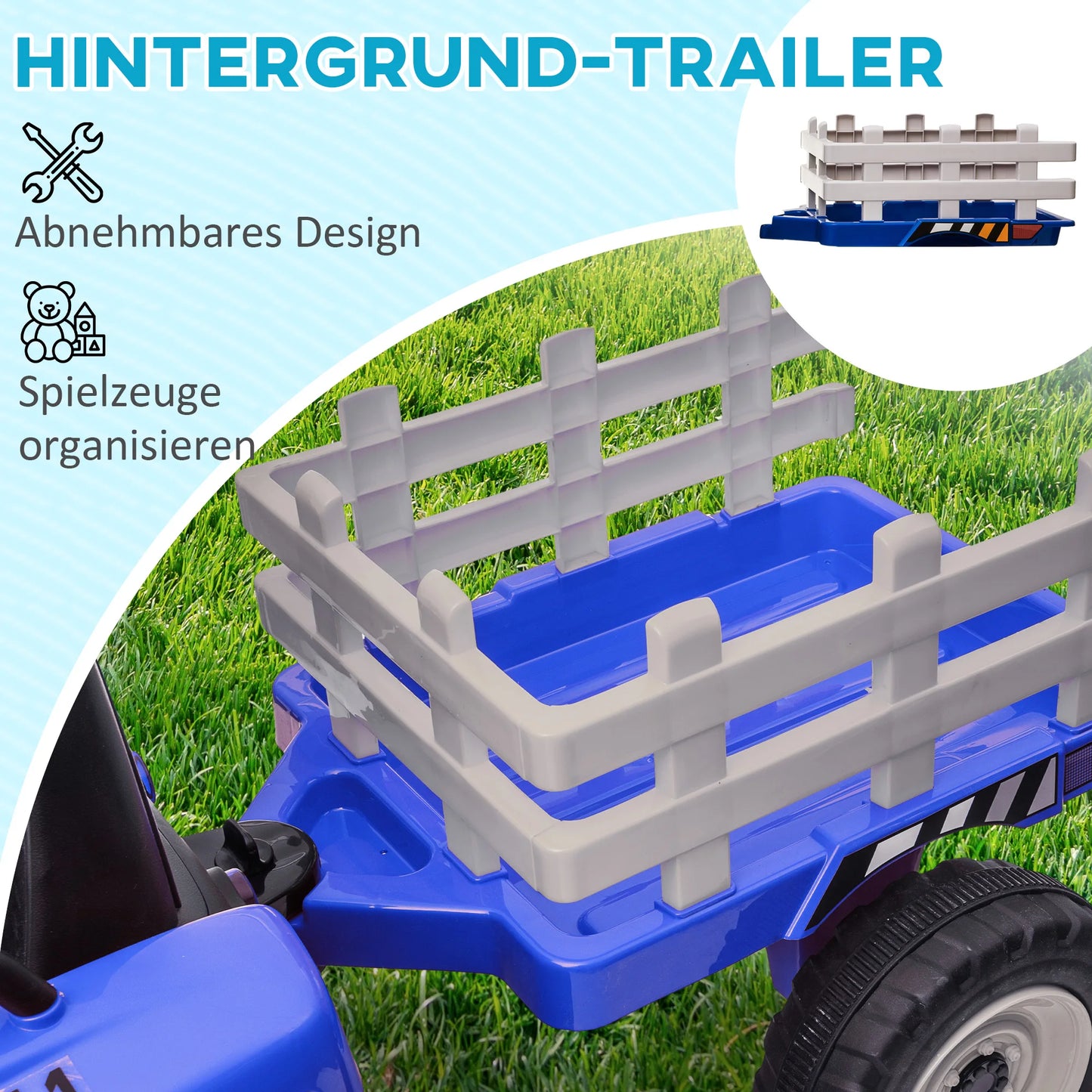 Children's Electric Car with Trailer, Remote Control, Child Control or Remote Control, Headlight, 3-6 Km/H, Size 136.5X50X52.5Cm, Load Capacity 30 Kg, Blue