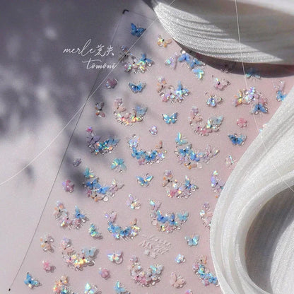 Shiny Jelly Butterfly Charming Golden Gradient Bowknot 5D Self Adhesive Nail Art Sticker Flower Petal Rhinestone Manicure Decals