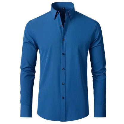 Men's long-sleeved shirt made of elastic fabric, wash-and-wear wrinkle-resistant business casual, silky smooth, pure color shirt