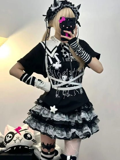Y2K Punk Gothic Lace Tiered Skirt Women High Waist Ruffle Mini Skirt Harajuku Streetwear Alternative Fashion Short Skirt