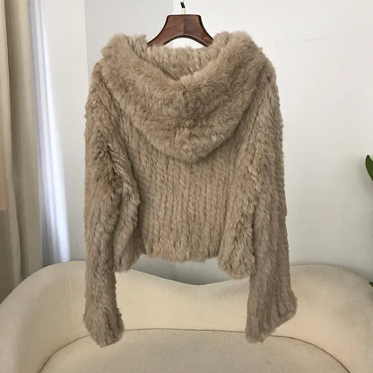 2024 Short Rabbit Fur Coat for Women Autumn Winter New Encrypted Thickened Handmade Double-sided Woven Hooded Korean Style