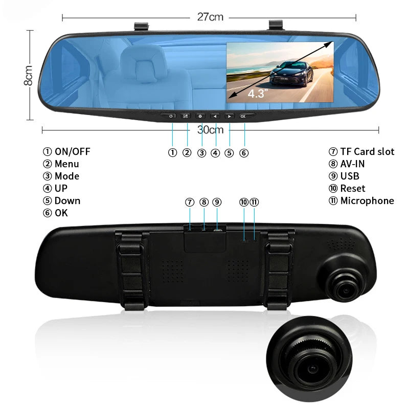 4.3 Inch 1080P Night Vision Camera Dual Lens DVR  Rearview Mirror Dashcam Car Dvr Dash Camera Car Video Recorder Auto Bluck Box