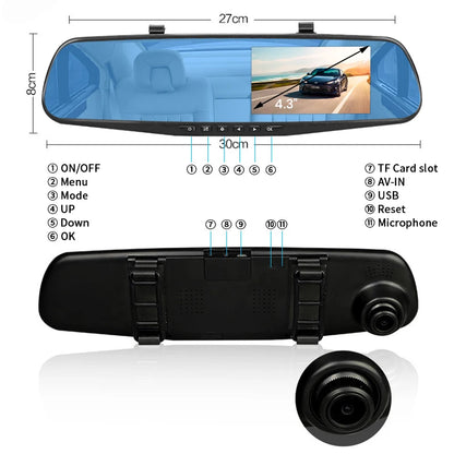 4.3 Inch 1080P Night Vision Camera Dual Lens DVR  Rearview Mirror Dashcam Car Dvr Dash Camera Car Video Recorder Auto Bluck Box