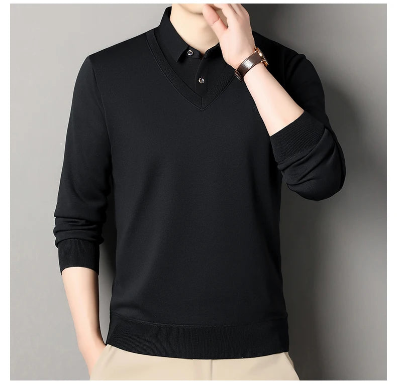Men's Fleece Lined Sweater Polo Collar Pullover Tops Fashion Business Causal Pullovers Korean Slim Fit Thick Winter Clothes
