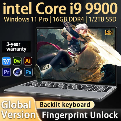 2026 New laptop 15.6 Inch Windows 11 Intel Core i9 9900 16GB RAM 1TB 2TB SSD Fingerprint Unlock Study Office Pc Gaming Laptops