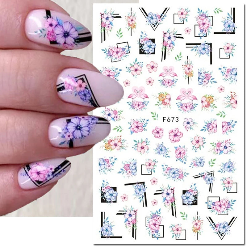 3d Nail Art Decals Watercolor Florals Purple Green Pink Flowers Leafs Fruit Adhesive Sliders Nail Stickers For Manicure