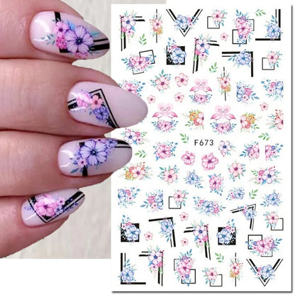 3d Nail Art Decals Watercolor Florals Purple Green Pink Flowers Leafs Fruit Adhesive Sliders Nail Stickers For Manicure
