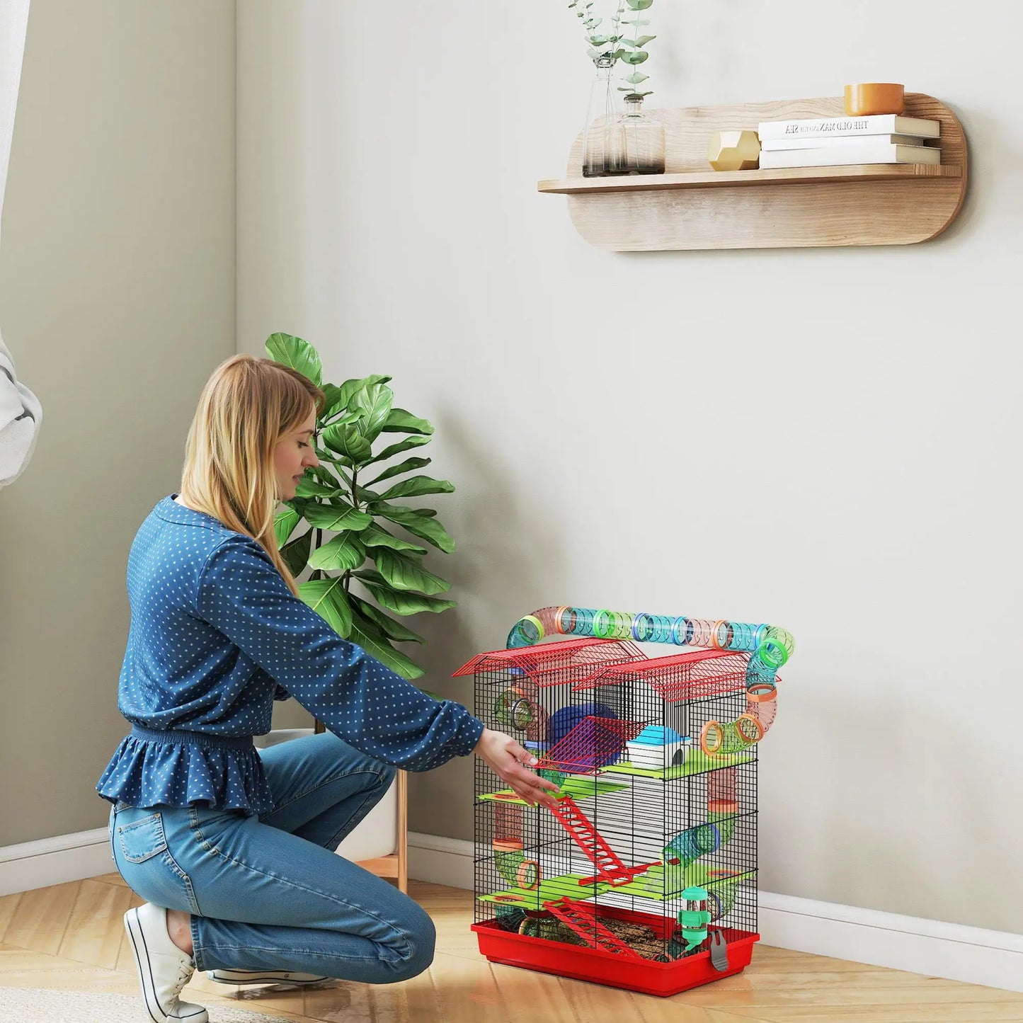 5-level metal hamster cage 47x30x59 cm with wheel, tunnel, house, ramps, drinking bowl & food dispenser for small animals