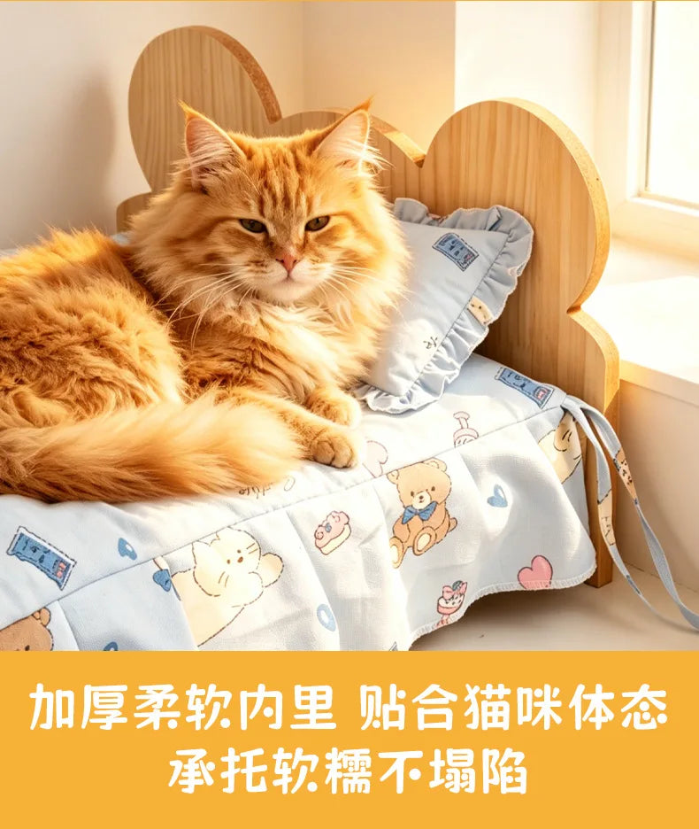 Cat Bed Wooden Cat And Dog Bed With Teddy Bear Pattern Indoor Pet Furniture Floor To Ceiling Bed Comfortable Durable