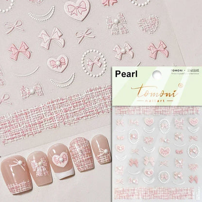 1pcs 5D Diamond Japanese White Lace Bow Nail Art Stickers Pearl Rhinestones Nail Decoration Adhesive Decals Slider DIY Accessory