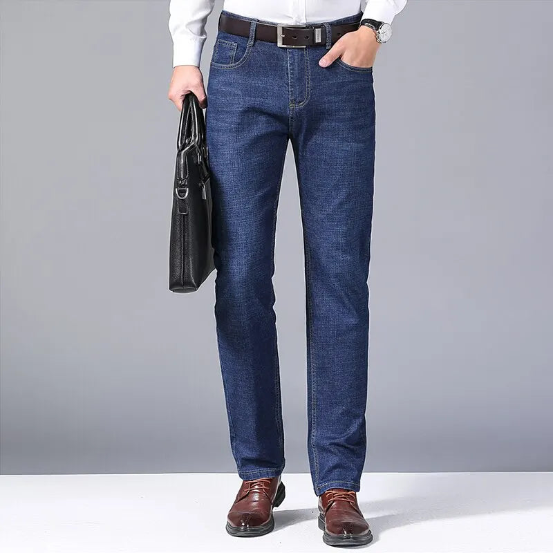 Men Fashion Straight Jeans Mens 2025 New Stretch Slim Fit Pants Comfortable Soft Business Denim Trousers Male Brand Clothing
