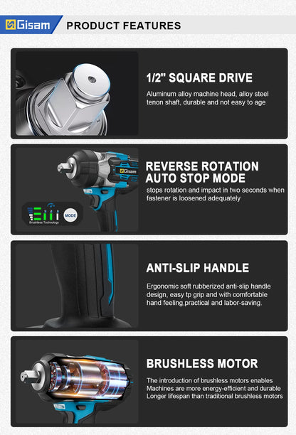 Gisam 2800N.M Brushless Electric Wrench 1/2 Inch Cordless Impact Wrench Electirc Screwdriver Drill For Makita 18V Battery Pin
