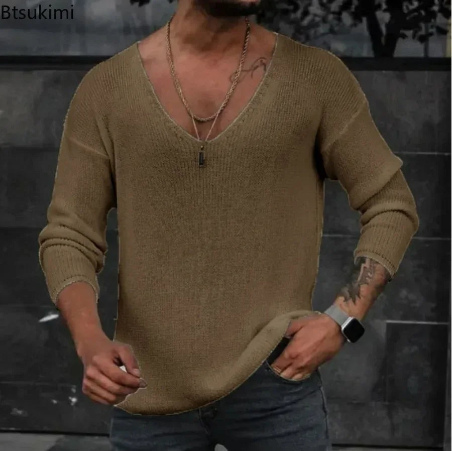 New 2026 Men's Casual Long Sleeve Knitted Sweaters Tops Solid Fashion Pullover Tops For Men Harajuku V-neck Streetwear Jumper