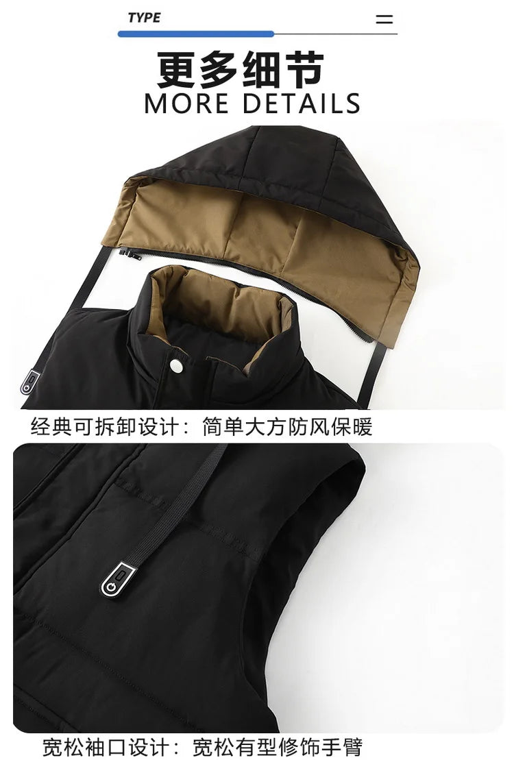 2024 Autumn Winter Men Thicken Cotton Waistcoat Sleeveless Vests Jackets Warm Detachable Hat Outerwear Male Zipper Hooded Coats
