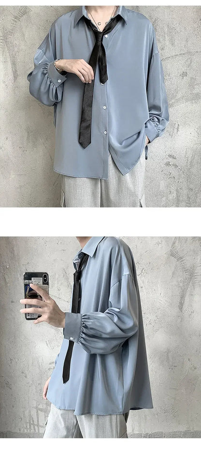 Korean Style Men's Long-sleeved Shirts Black Tie Cozy Casual Solid Oversize Blouses Breathable Loose Shirt Harajuku Male Clothes