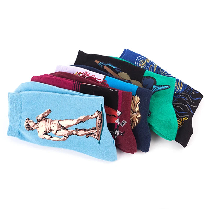 1 Pair Van Gogh Starry Night Cotton Socks Women Men Mona Lisa Oil Painting Retro-classical Series Skateboard Casual Couple Socks