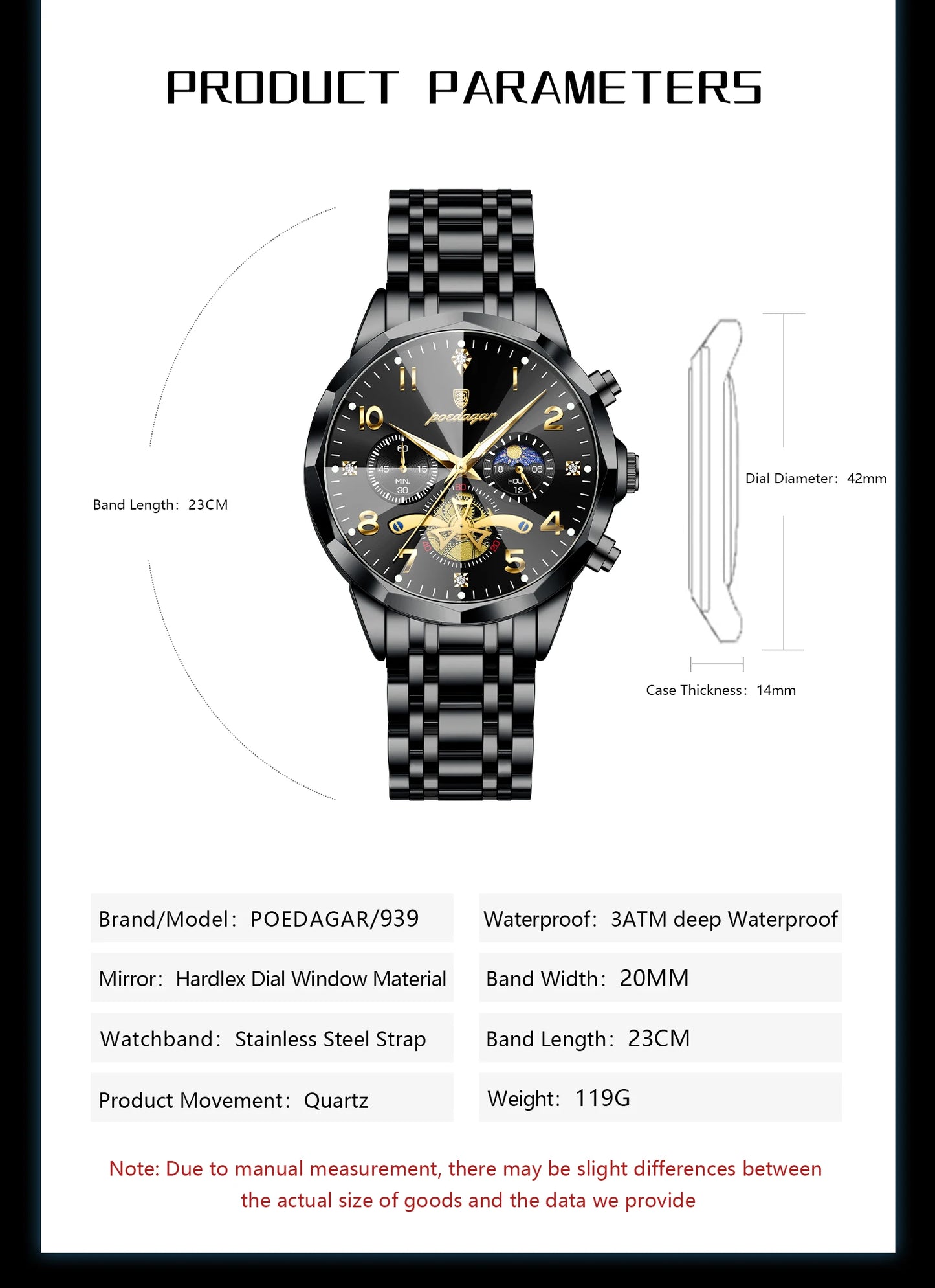 POEDAGAR Luxury High Quality Man Wristwatch Chronograph Stainless Steel Quartz Men's Watches Waterproof Luminous Men Clock Reloj