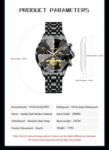 POEDAGAR Luxury High Quality Man Wristwatch Chronograph Stainless Steel Quartz Men's Watches Waterproof Luminous Men Clock Reloj
