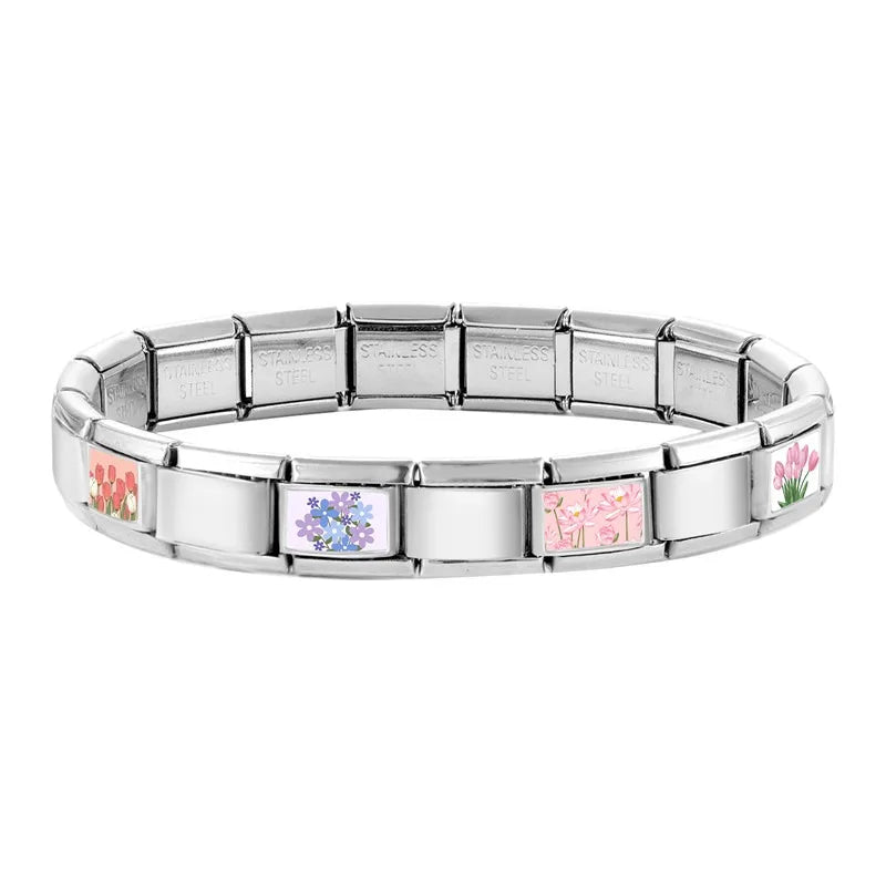 2025 Women's Fashion Colorful Flowers Oil Painting Style Series Italian Charms Fit 9mm Stainless Steel Bracelet DIY Jewelry Gift