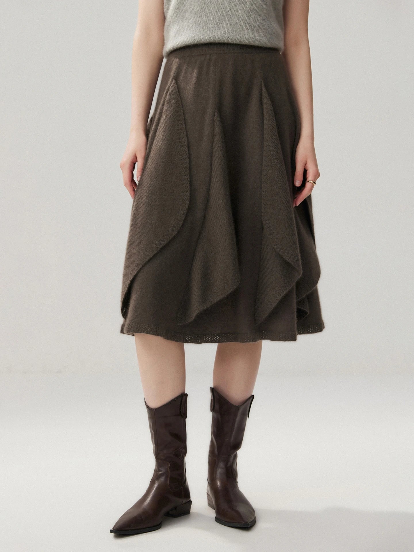 French 100% Pure Cashmere Skirt Ruffle Irregular A-line Soild Midi Sirt Autumn Winter Women Elegant Pleated  Knit Dress Fashion