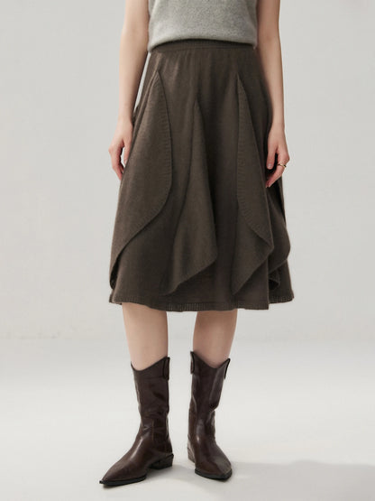 French 100% Pure Cashmere Skirt Ruffle Irregular A-line Soild Midi Sirt Autumn Winter Women Elegant Pleated  Knit Dress Fashion