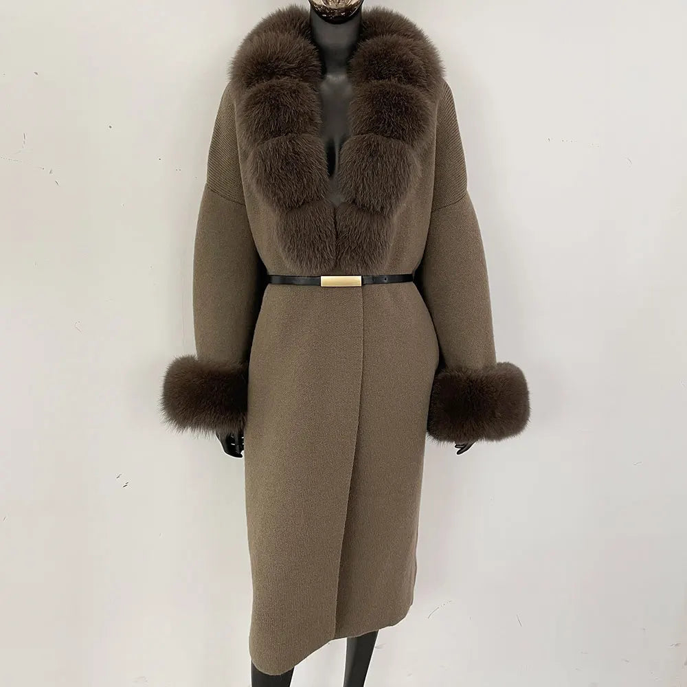 Long Knitwear Coat Women Warm Belt Real Fox Fur Jacket Female 2024 New Autumn Winter Kintted Natural Fur Coat Women