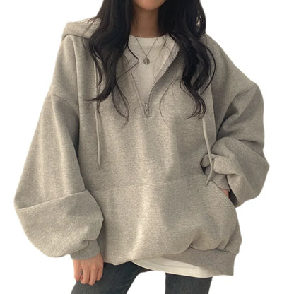 2024 Harajuku Loose Pullover Women Hoodie Oversized Top Summer Zip Up Sweatshirt Female Casual Long Sleeve Pocket Hooded