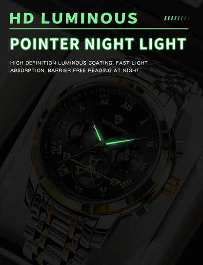 BINBOND Chronograph Men's Watches Accurate Quartz Watch For Men Luxury Luminous Waterproof StopWatch Durable Reloj