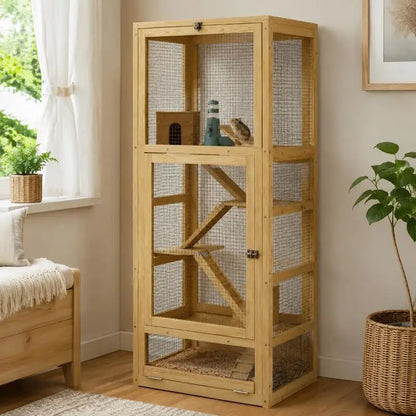 Cage for hamsters or small animals in wood 5 levels with niche balançoire 54 x 38 x 131 cm natural
