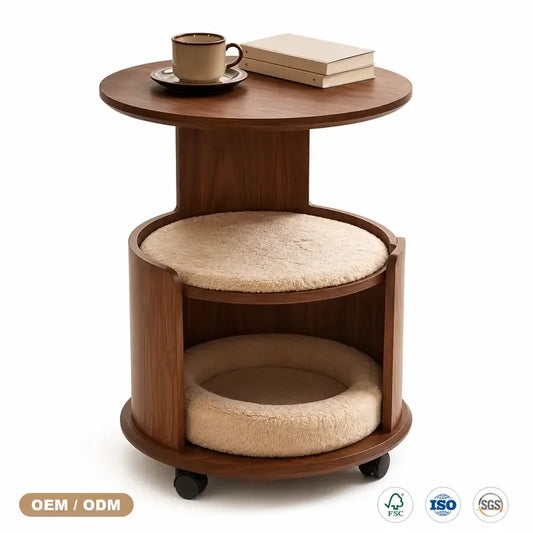 Wooden Pet Side Table Bed Combo with Removable Plush Cushion Smooth Rolling Casters for Cats Small Dogs Home Furniture