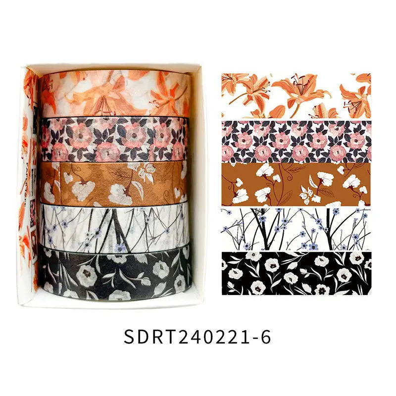 5 Rolls/set Aesthetics Floral Decorative Adhesive Tape Flower Washi Tape DIY Scrapbooking Material Sticker Label Stationery